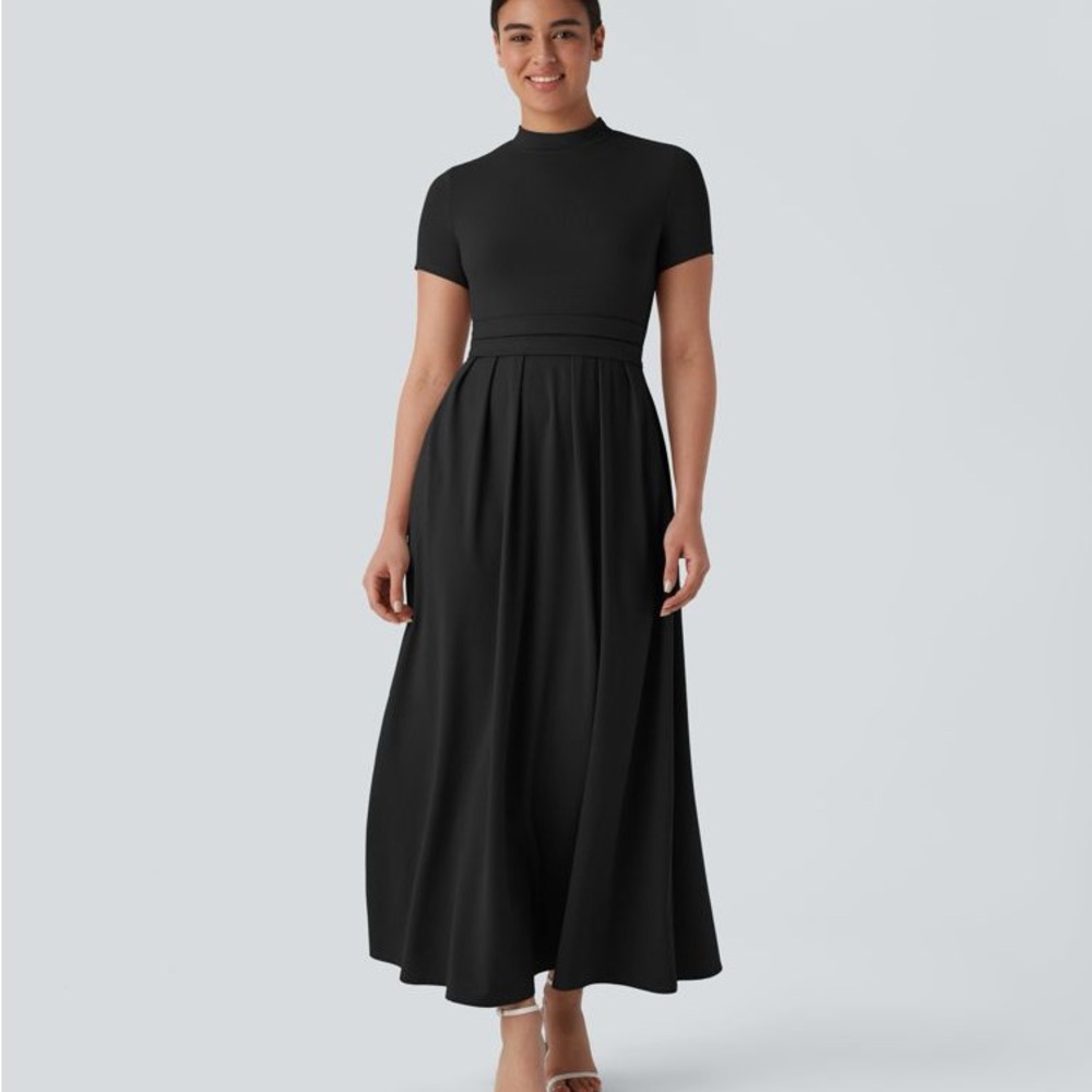 HALARA Stand Collar Short Sleeve Pocket Flare Maxi Casual Dress